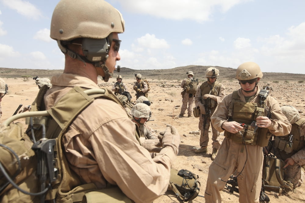 US Marines assemble a field expedient satellite communication antenna Canvas Art - Stocktrek Images (35 x 23)