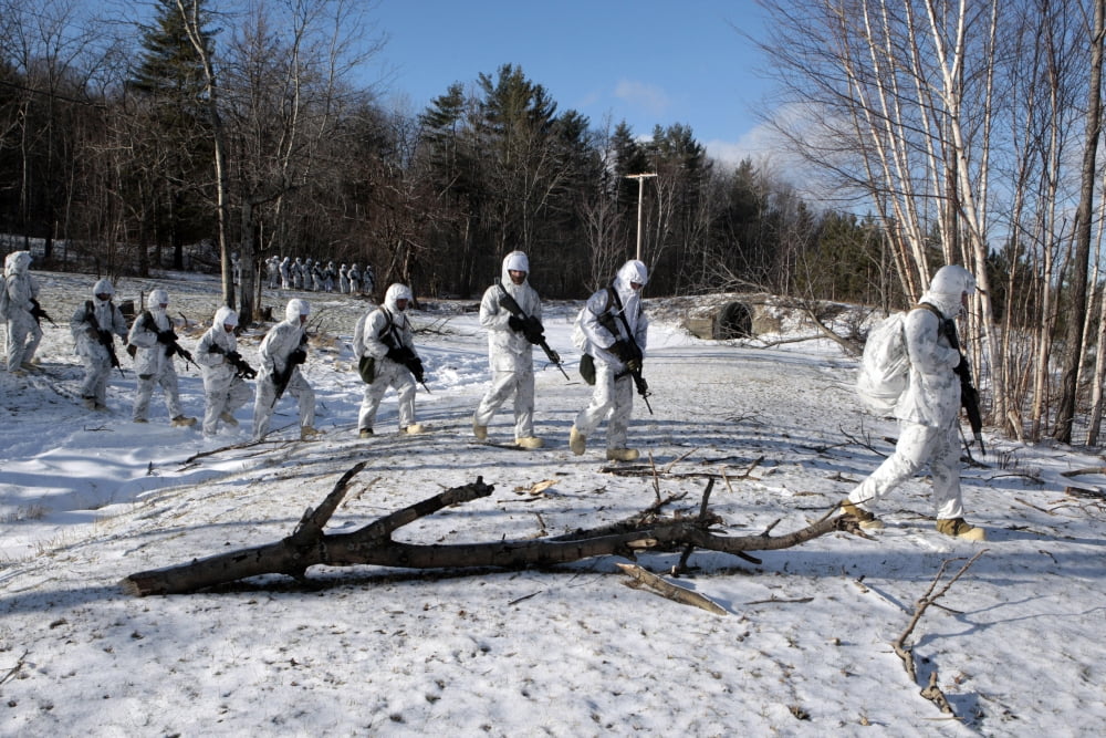 US Marines conduct a tactical movement during cold weather training in Jericho Vermont Canvas Art - Stocktrek Images (34 x 23)