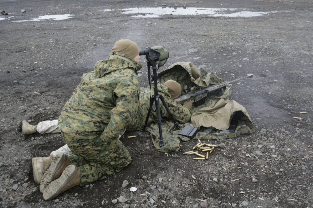 US Marines fire an M107 special application scoped rifle at Camp Fuji Japan Canvas Art - Stocktrek Images (35 x 24)