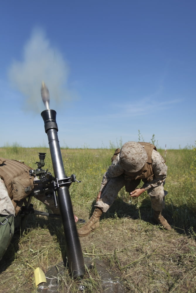 US Marines fire an M252 81mm mortar system Canvas Art - Stocktrek Images (23 x 35)