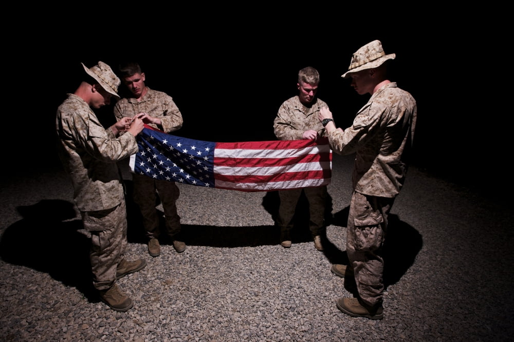 US Marines fold the American Flag Canvas Art - Terry MooreStocktrek Images (18 x 12)