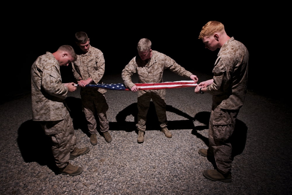 US Marines fold the American Flag Canvas Art - Terry MooreStocktrek Images (18 x 12)