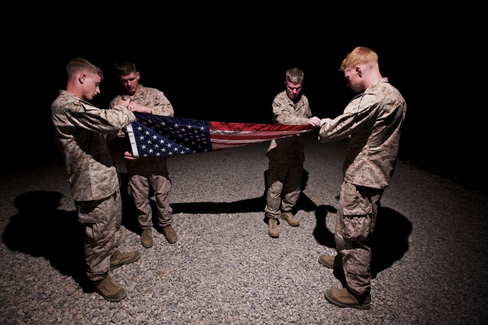 US Marines fold the American Flag Canvas Art - Terry MooreStocktrek Images (35 x 24)