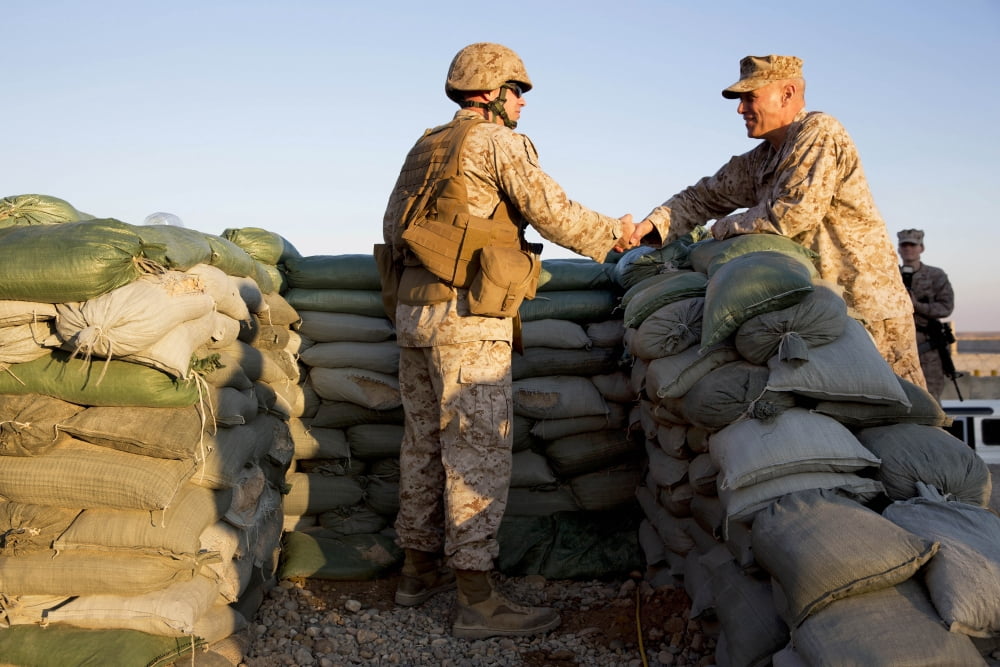 US Marines greet each other at Camp Bastion Afghanistan Canvas Art - Stocktrek Images (34 x 23)