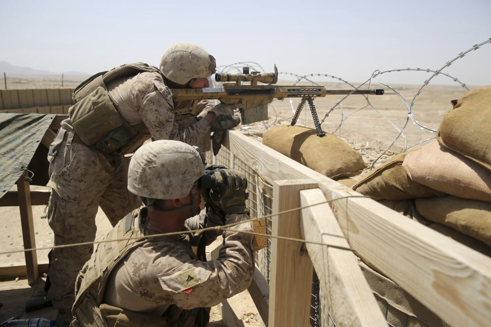US Marines man security positions during a mission in Afghanistan Canvas Art - Stocktrek Images (34 x 23)