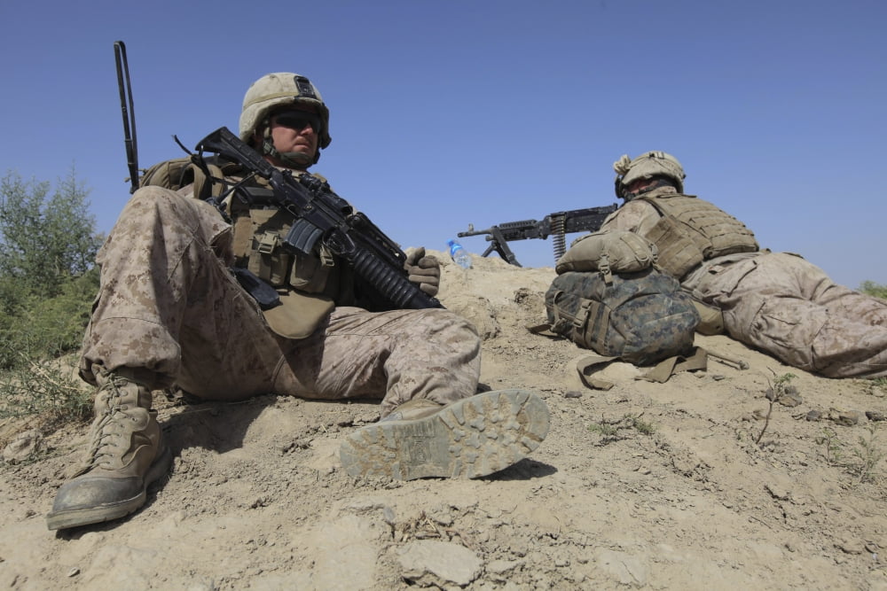 US Marines provide security in the Helmand Province of Afghanistan Canvas Art - Stocktrek Images (34 x 23)