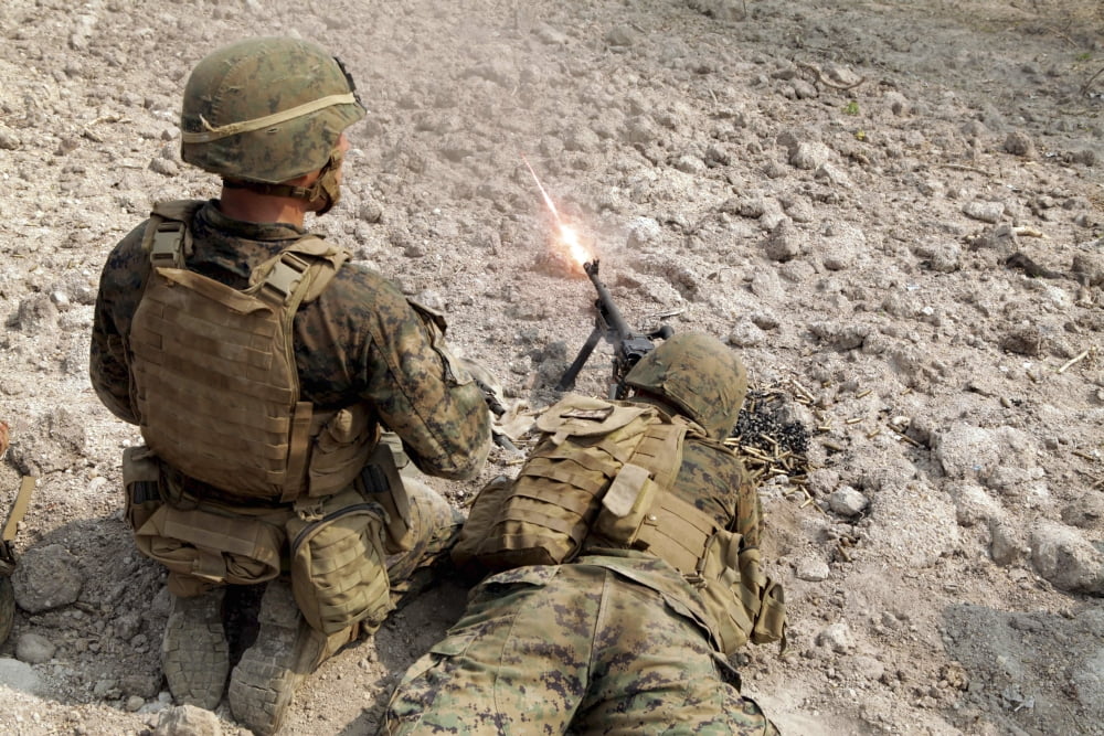 US Marines provide suppressive fire with an M240B machine gun Canvas Art - Stocktrek Images (35 x 23)