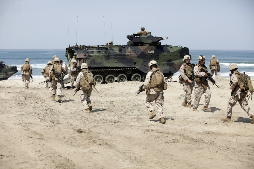 US Marines return to their amphibious assault vehicles on Camp Pendleton California Canvas Art - Stocktrek Images (34 x 23)