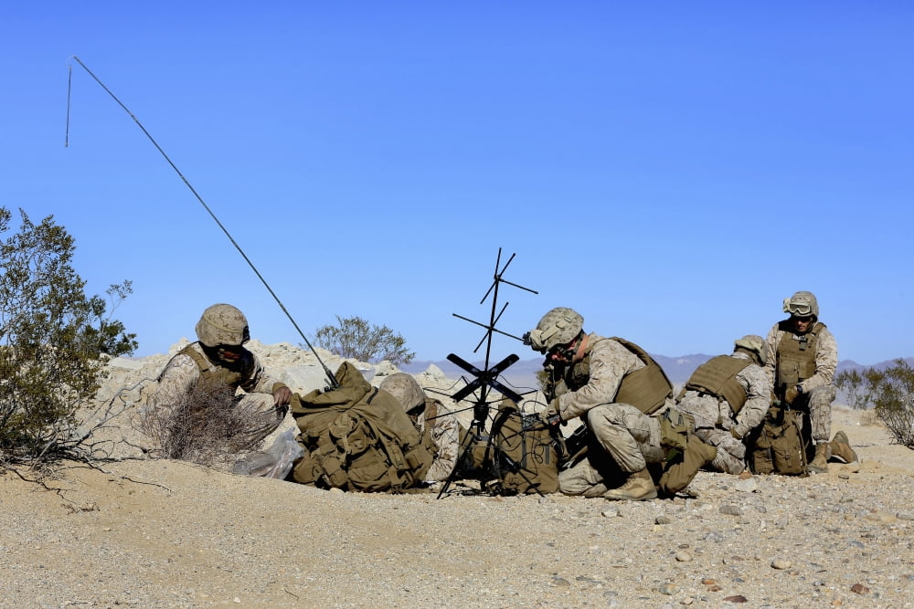 US Marines setup communication equipment and conduct radio checks Canvas Art - Stocktrek Images (34 x 23)
