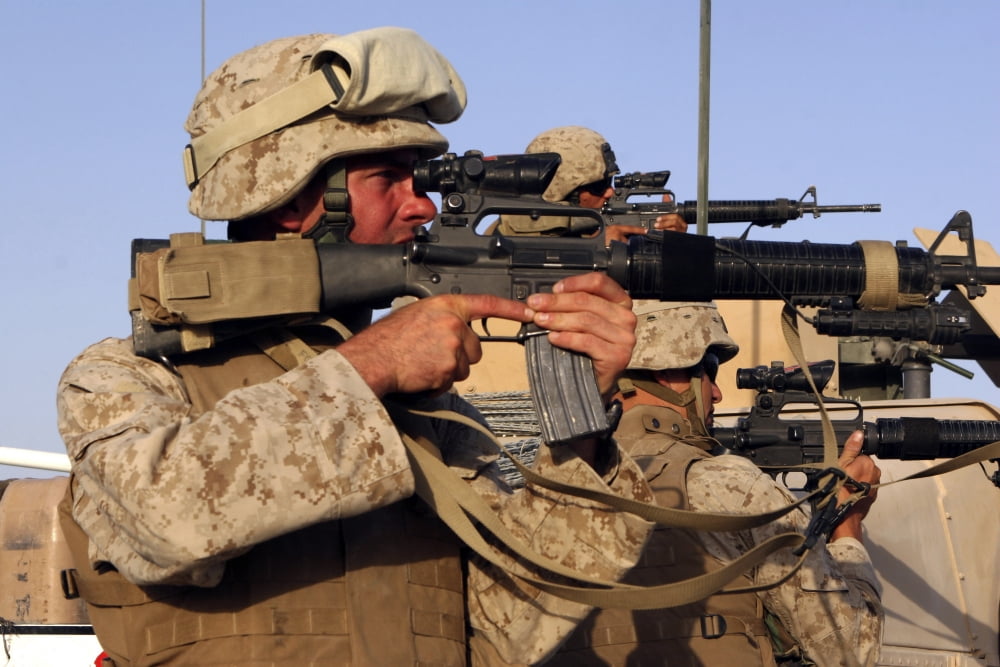 US Marines sighting in on a suspicious group of people in Michigan Iraq Canvas Art - Stocktrek Images (34 x 23)