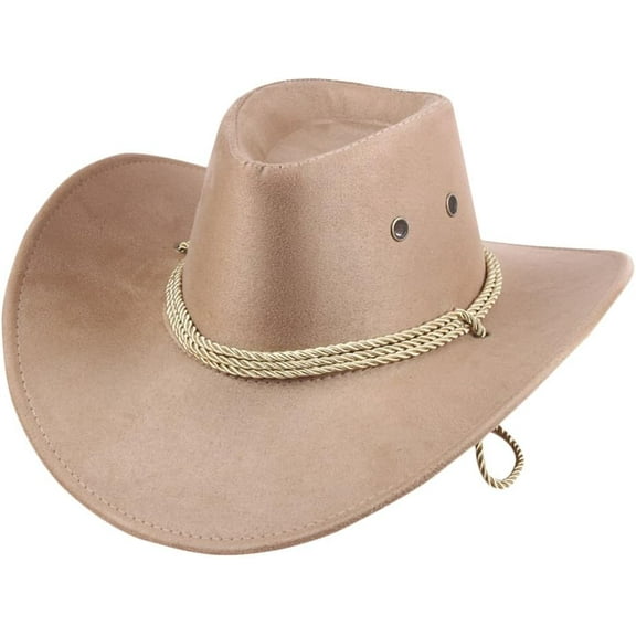 US Mens Faux Felt Western Cowboy Hat Fedora Outdoor Wide Brim Hat with Strap