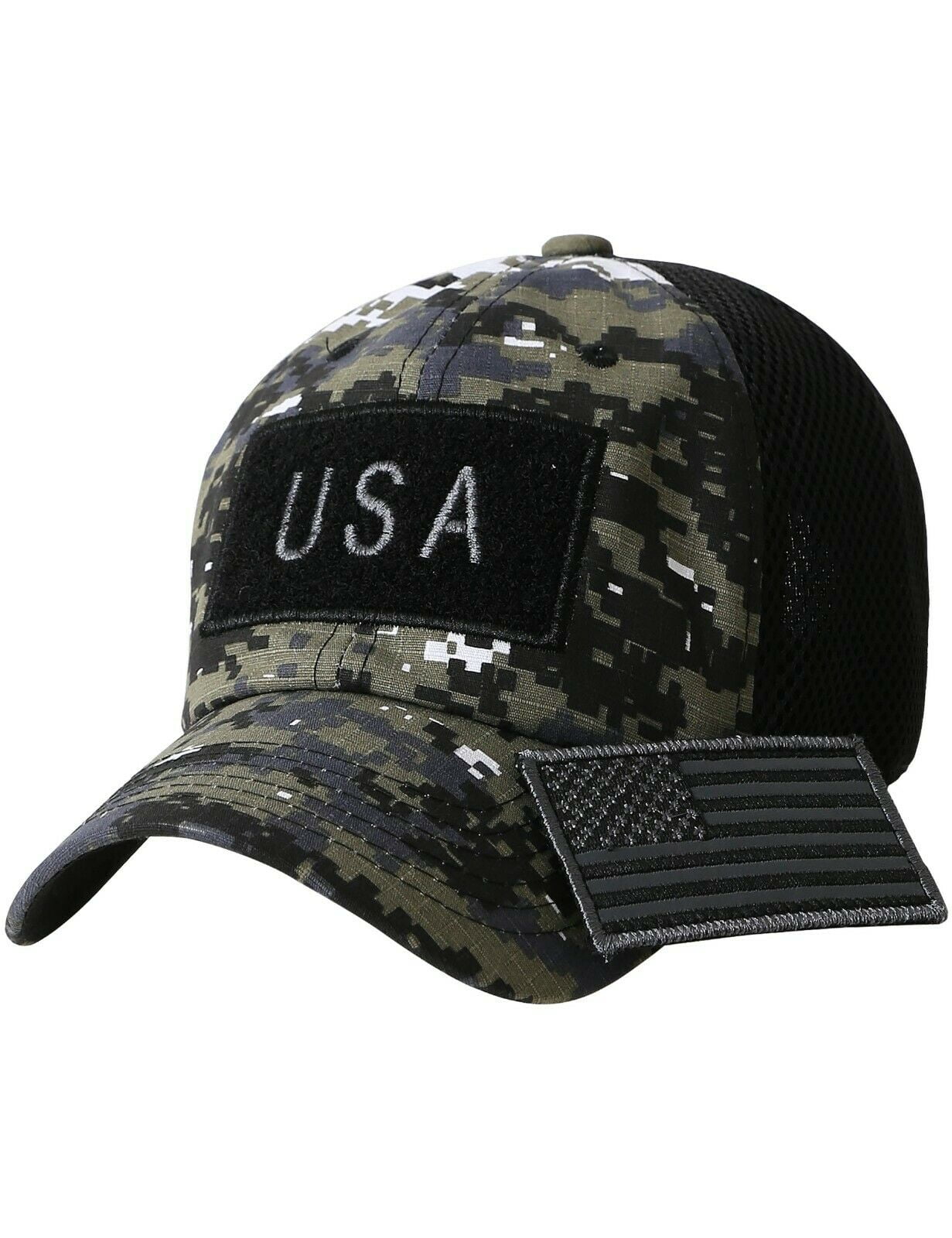 US Military Cap American FLAG Hat Detachable Baseball Mesh Tactical Army  Camo (7fc044_Black Camo)