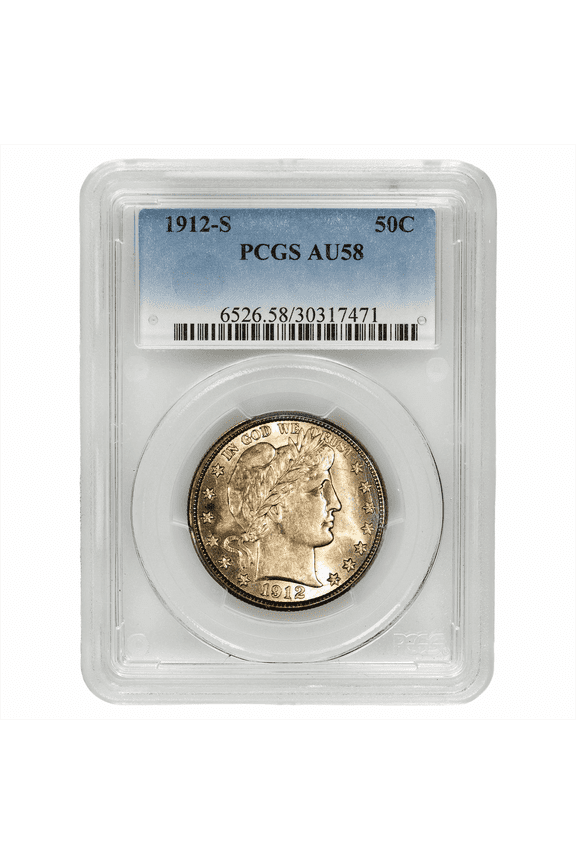 US Mint 1912-S Barber Half Dollar Coin 50C PCGS AU 58