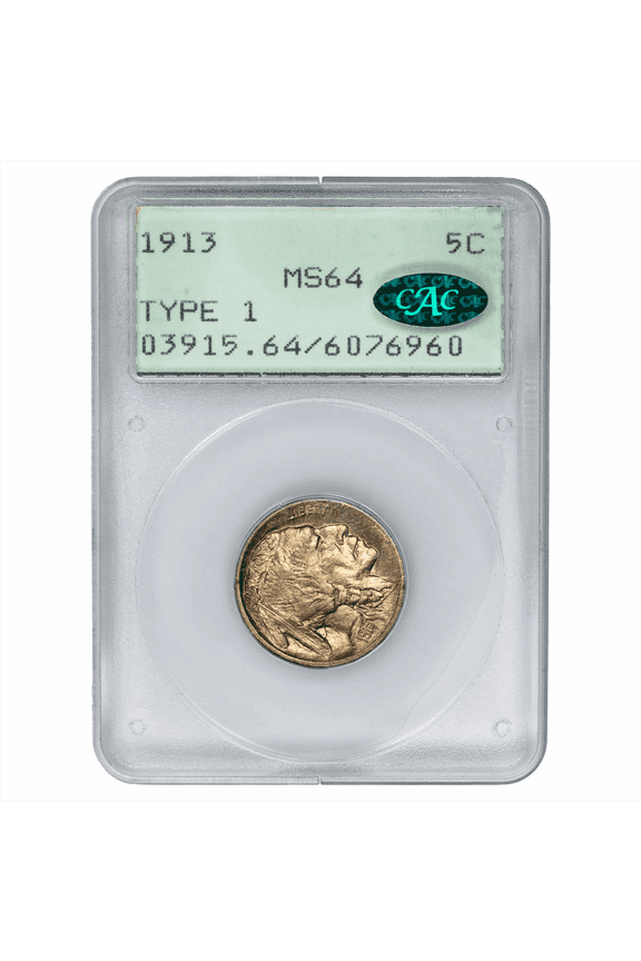 US Mint 1913 Type 1 Buffalo Nickel Coin 5C PCGS MS 64 CAC