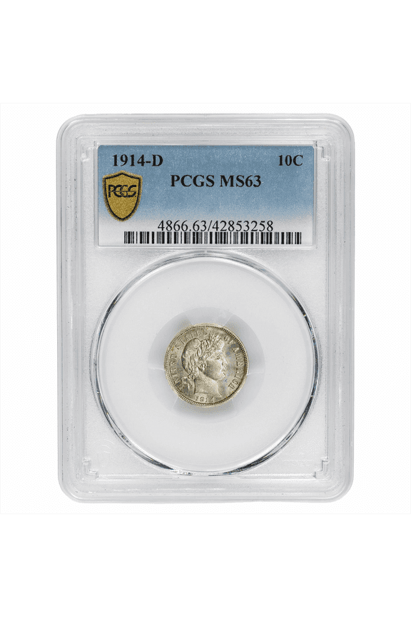 US Mint 1914-D Barber Dime Coin 10C PCGS MS 63