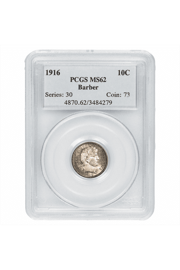 US Mint 1916 Barber Dime Coin 10C PCGS MS 62