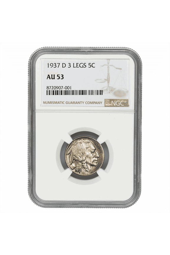 US Mint 1937-D 3 Legs Buffalo Nickel Coin 5C NGC AU 53