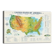 US Mountains Rivers National Parks Map Canvas Print, Wall Art Poster for Room Decor, Geography Education