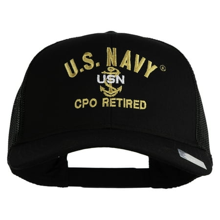 US Navy CPO Retired Military Embroidered Solid Cotton Twill Mesh Prostyle Cap - Black OSFM