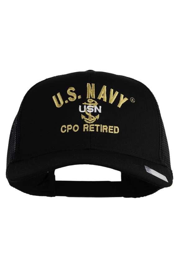 US Navy CPO Retired Military Embroidered Solid Cotton Twill Mesh Prostyle Cap - Black OSFM