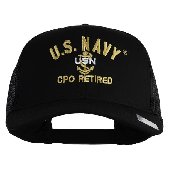 US Navy CPO Retired Military Embroidered Solid Cotton Twill Mesh Prostyle Cap - Black OSFM