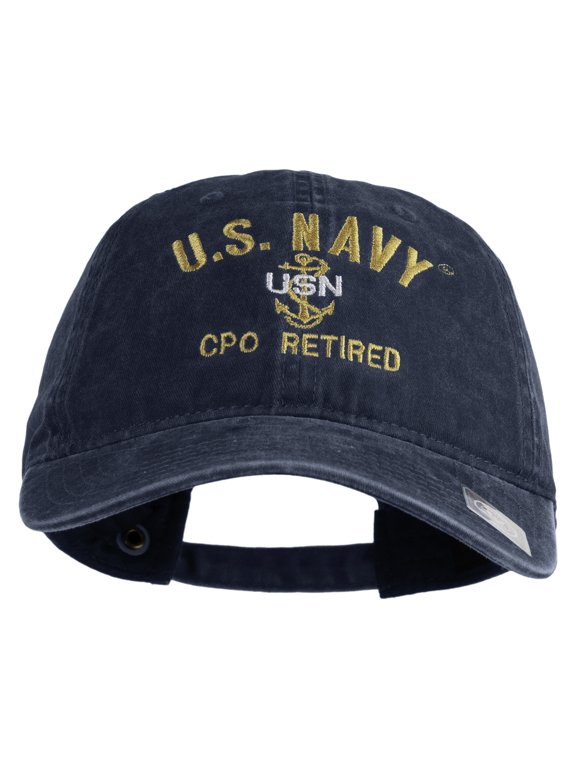 US Navy CPO Retired Military Embroidered Washed Solid Pigment Dyed Cotton Twill Brass Buckle Cap - Navy OSFM
