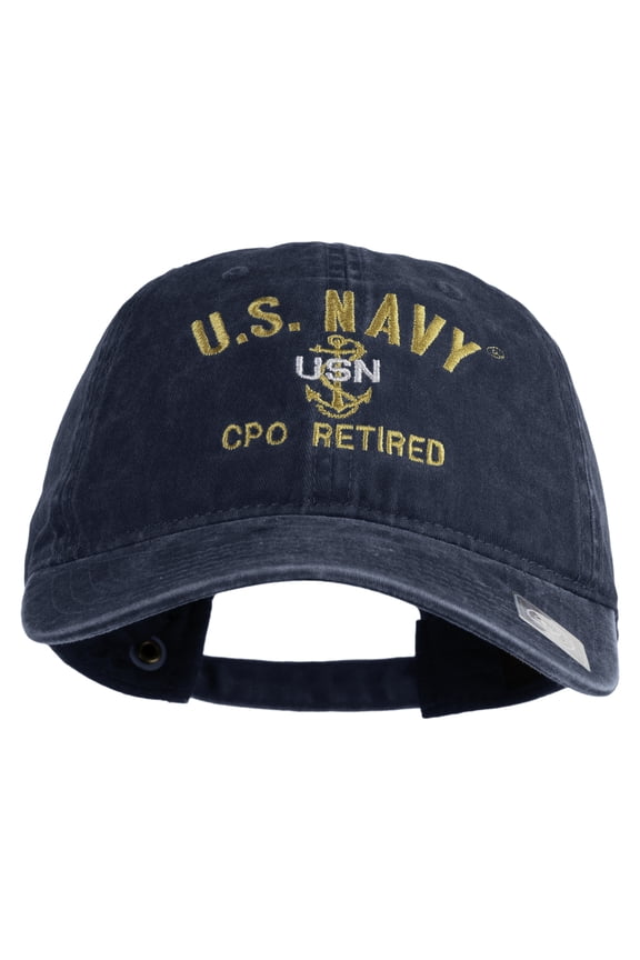US Navy CPO Retired Military Embroidered Washed Solid Pigment Dyed Cotton Twill Brass Buckle Cap - Navy OSFM