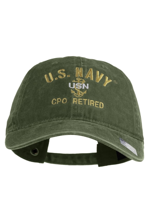 US Navy CPO Retired Military Embroidered Washed Solid Pigment Dyed Cotton Twill Brass Buckle Cap - Olive OSFM