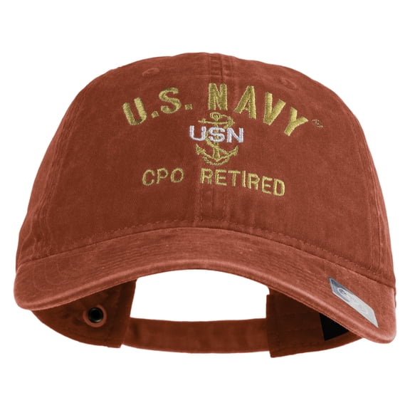 US Navy CPO Retired Military Embroidered Washed Solid Pigment Dyed Cotton Twill Brass Buckle Cap - Red OSFM
