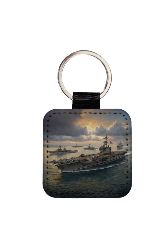 US Navy Carrier Strike Group At Sea Illustration Faux Leather Square Keychain