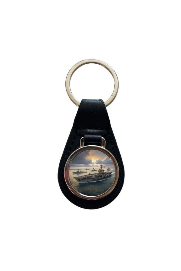 US Navy Carrier Strike Group At Sea Illustration Metal Black Leather Keychain