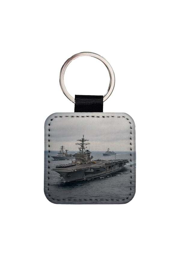US Navy Carrier Strike Group Escorts At Sea Faux Leather Square Keychain