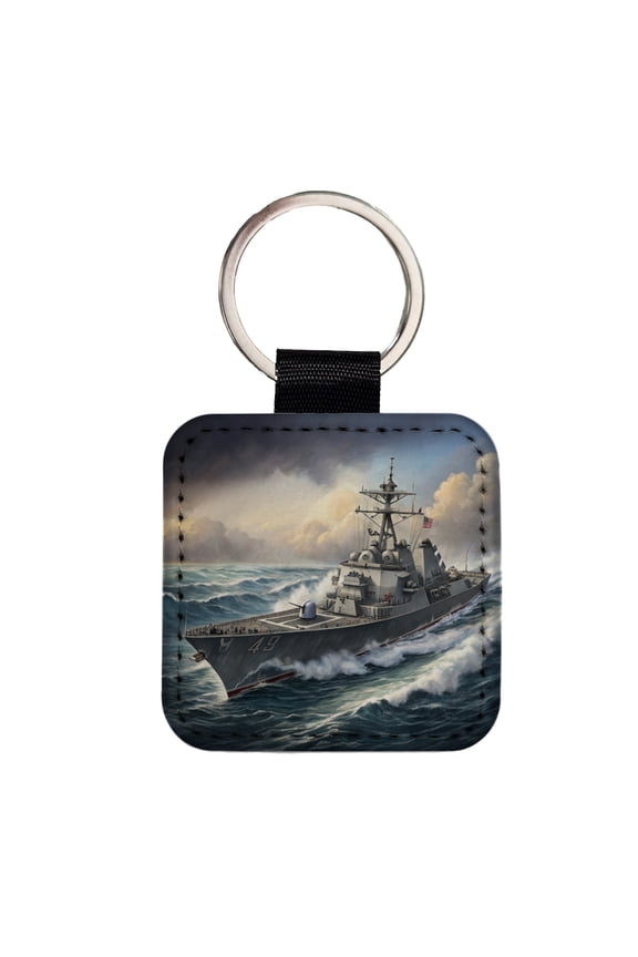 US Navy Destroyer Underway Faux Leather Square Keychain