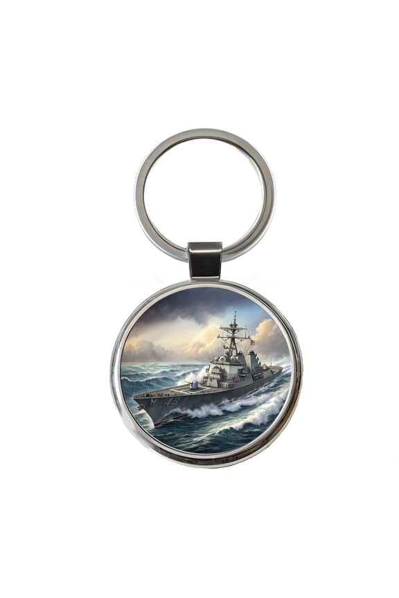 US Navy Destroyer Underway Metal Round Keychain