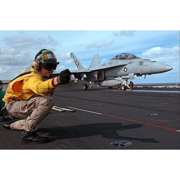 US Navy Launch Signal to F/A-18F Super Hornet - 24x36 Inch Laminated Aviation Poster - Stunning Detail and Bold Colors