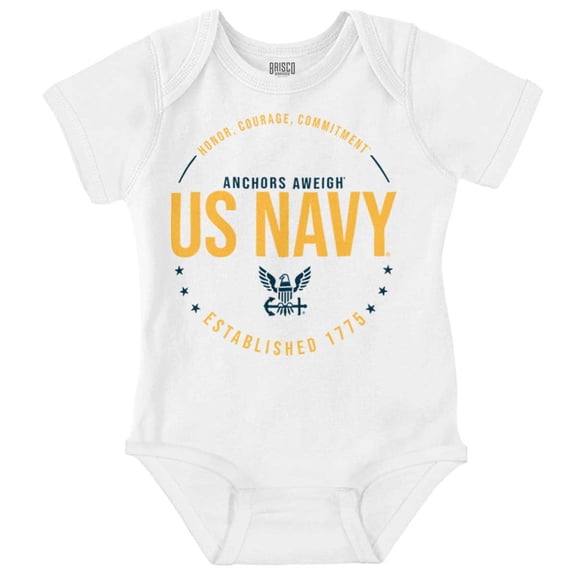 US Navy Logo Anchors Aweigh Est 1775 Romper Boys or Girls Infant Baby Brisco Brands NB