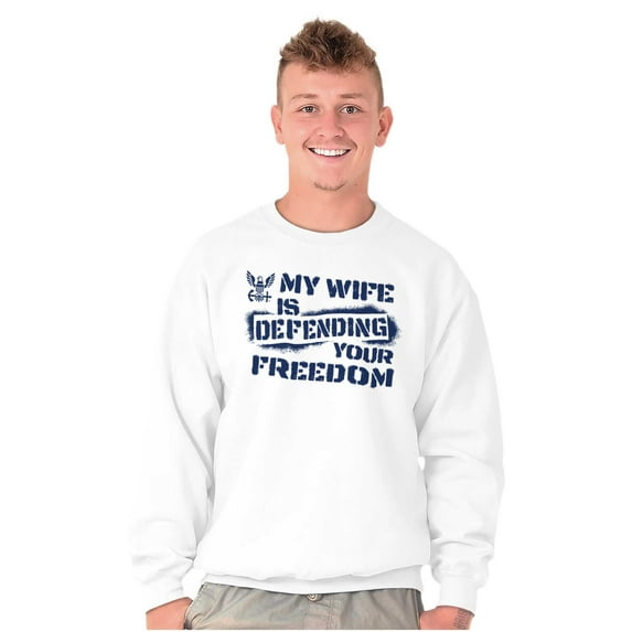 US Navy Logo Wife Defending Freedom Men's Big & Tall Crewneck Sweatshirt Brisco Brands 2X