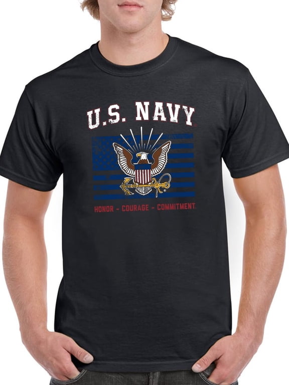 US Navy Mens Graphic Tee Black - Logo And Flag 100% Cotton Regular Fit