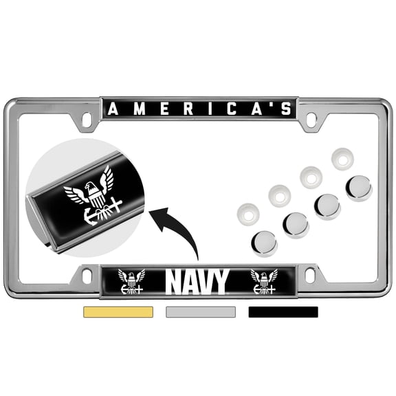 BestLicensePlateFrames U.S. Navy Personalized Narrow Top 4-Hole Metal License Plate Frame with Caps, Chrome