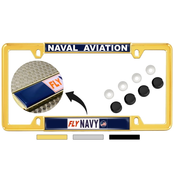 BestLicensePlateFrames US Navy Fly Navy Personalized Metal License Plate Frame with Caps, Gold