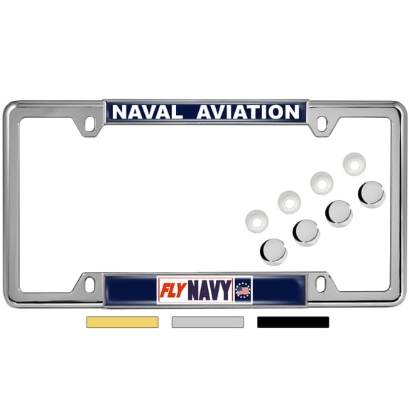 BestLicensePlateFrames US Navy Fly Navy Thin Top 4-Hole Metal License Plate Frame with Caps, Chrome