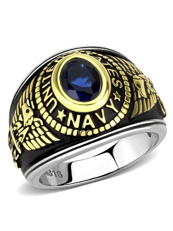 US Navy Ring for Men and Women Unisex Stainless Steel Military Patriotic Ring in Black Gold with Blue Stone