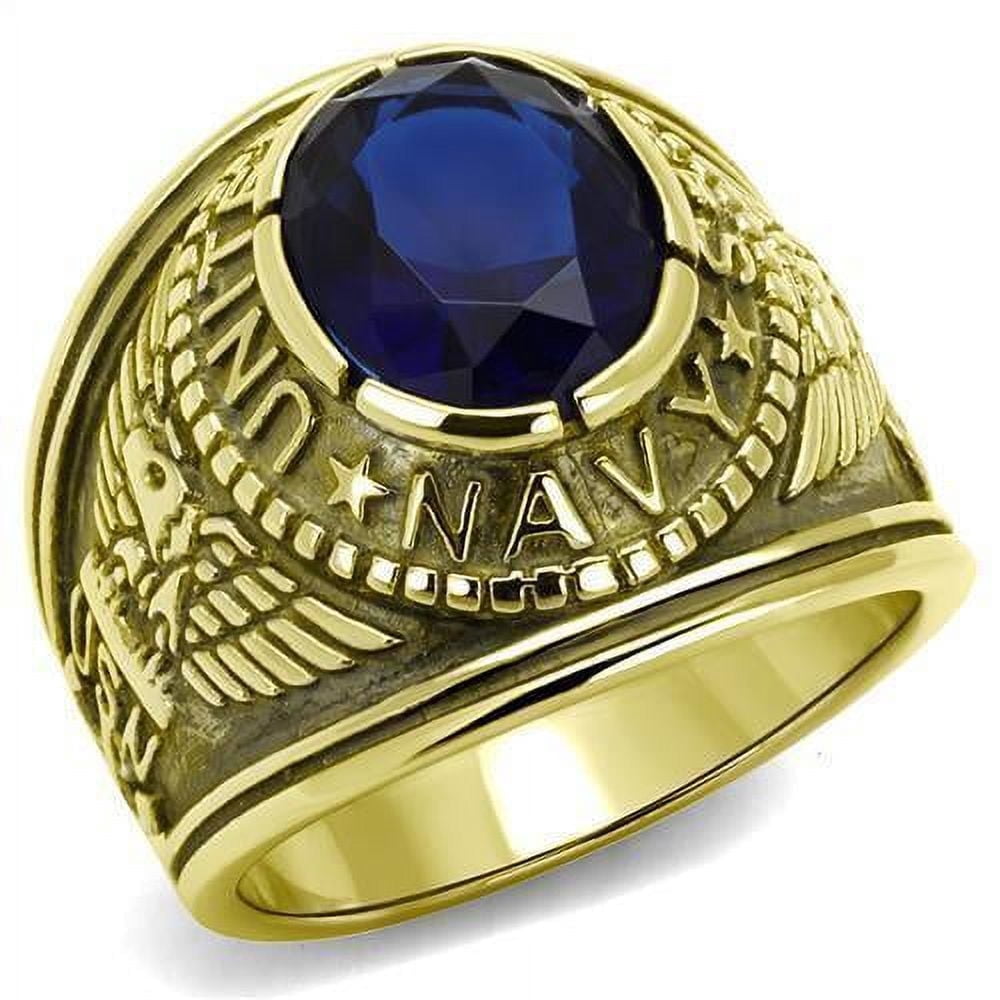 US Navy Ring for Men and Women Unisex Stainless Steel Military Patriotic Ring in Gold with Blue Stone