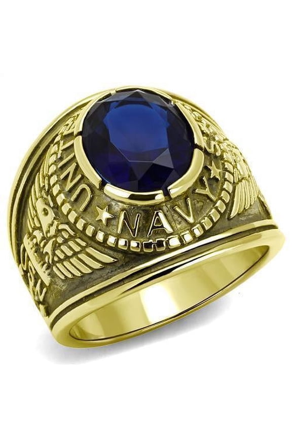 US Navy Ring for Men and Women Unisex Stainless Steel Military Patriotic Ring in Gold with Blue Stone