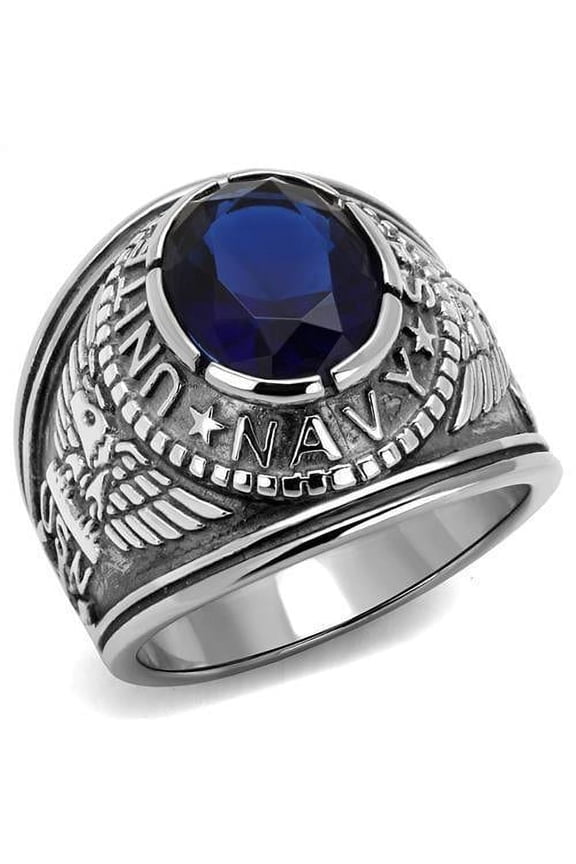 US Navy Ring for Men and Women Unisex Stainless Steel Military Patriotic Ring in Silver with Blue Stone