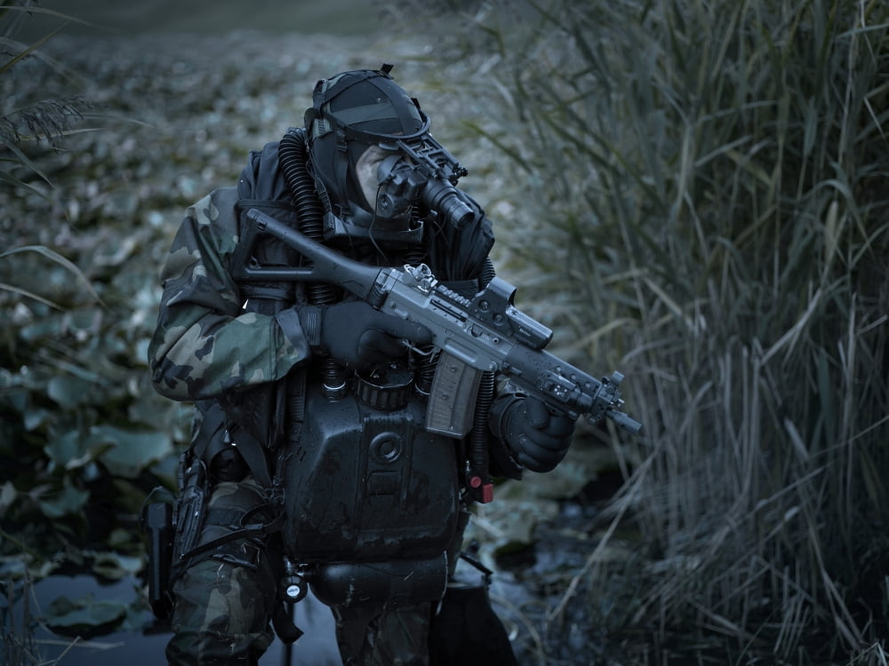 US Navy SEAL equpped with night vision during a surveillance operation Canvas Art - Tom WeberStocktrek Images (33 x 25)