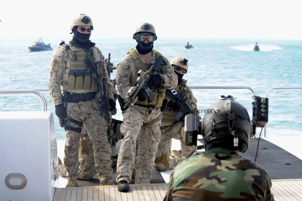US Navy SEALs prepare to take down a yacht in the Gulf of Mexico off of Key West Florida Canvas Art - Stocktrek Images (34 x 23)