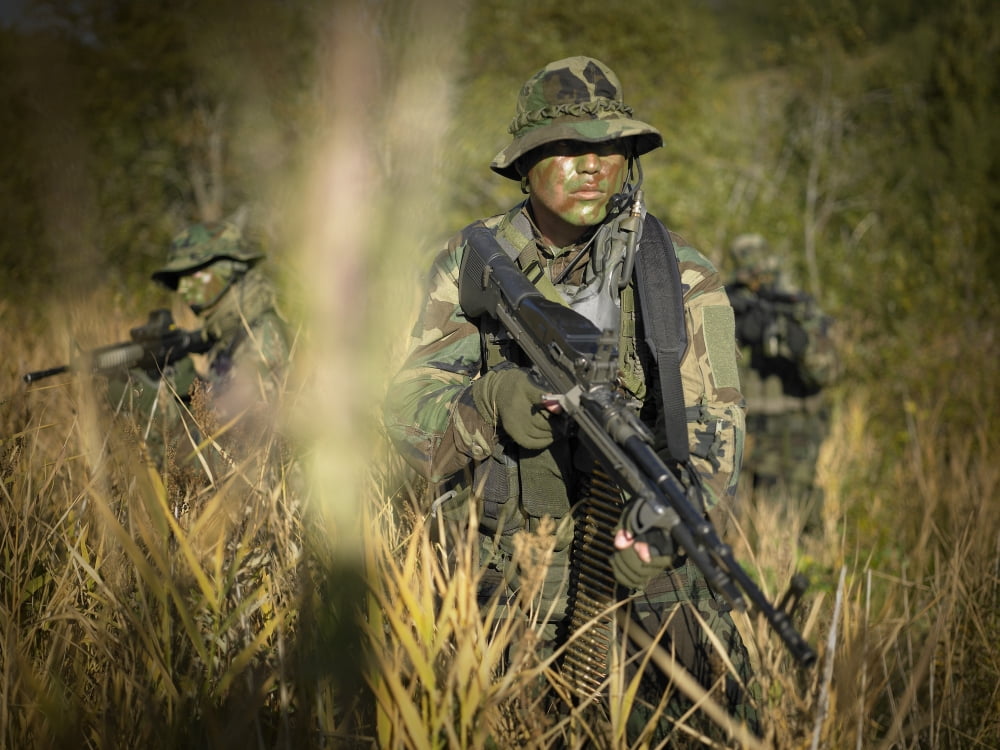 US Navy SEALs walk through tall grass during combat operations Canvas Art - Tom WeberStocktrek Images (33 x 25)