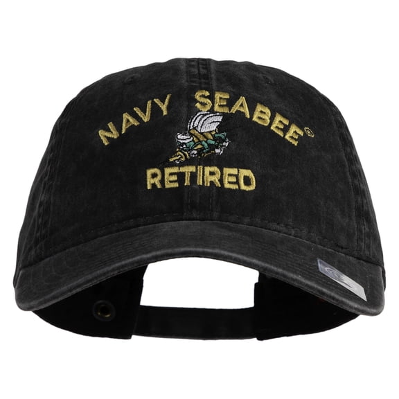 US Navy Seabee Retired Military Embroidered Washed Solid Pigment Dyed Cotton Twill Brass Buckle Cap - Black OSFM