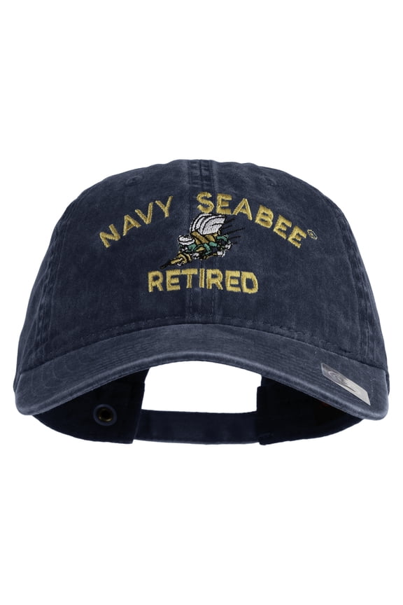 US Navy Seabee Retired Military Embroidered Washed Solid Pigment Dyed Cotton Twill Brass Buckle Cap - Navy OSFM